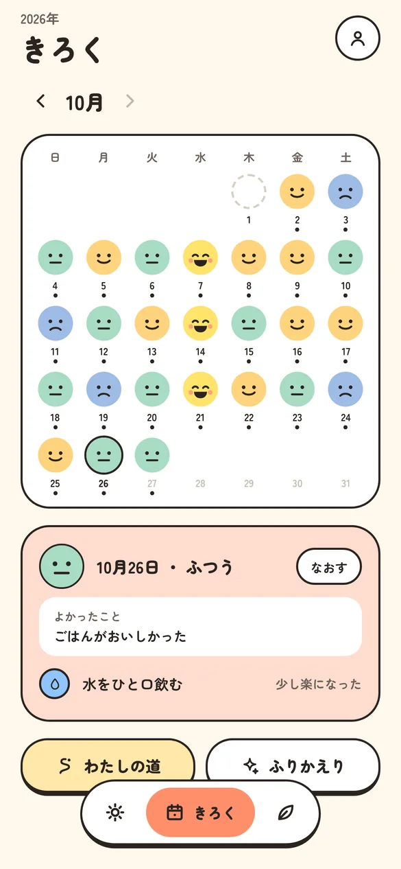 きろくの画面。気分の顔が並んだカレンダー